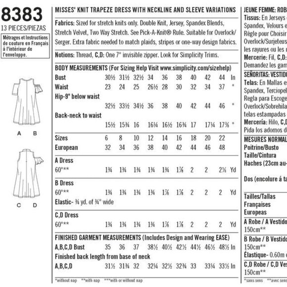 Simplicity D0668 / 8383 - Misses' Knit Trapeze Dress Pattern Sizes 6 - 14 - Picture 4 of 4